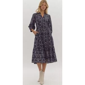 Entro Floral Tiered Midi Shirt Dress Black 3/4 Sleeve Womens Size Large New